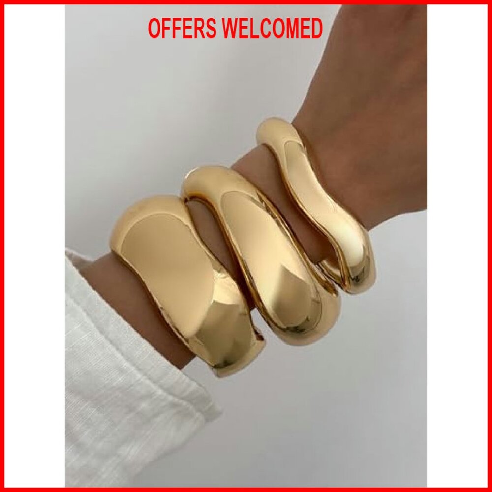 Chunky Gold Alloy Bangles Stackable Statement Bra… - image 4